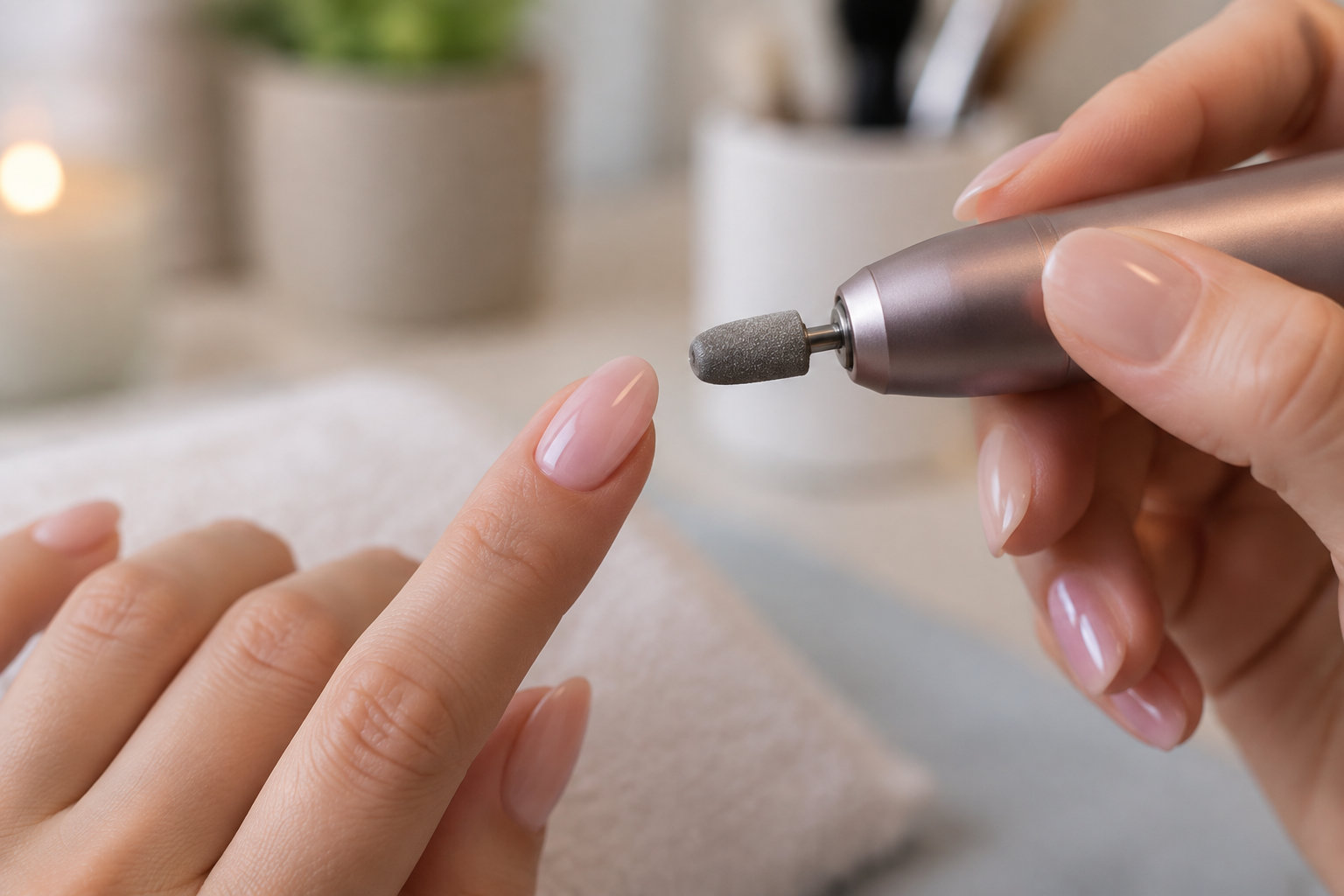 Une personne tient un appareil électrique de manucure près de l’ongle rose d’un doigt.