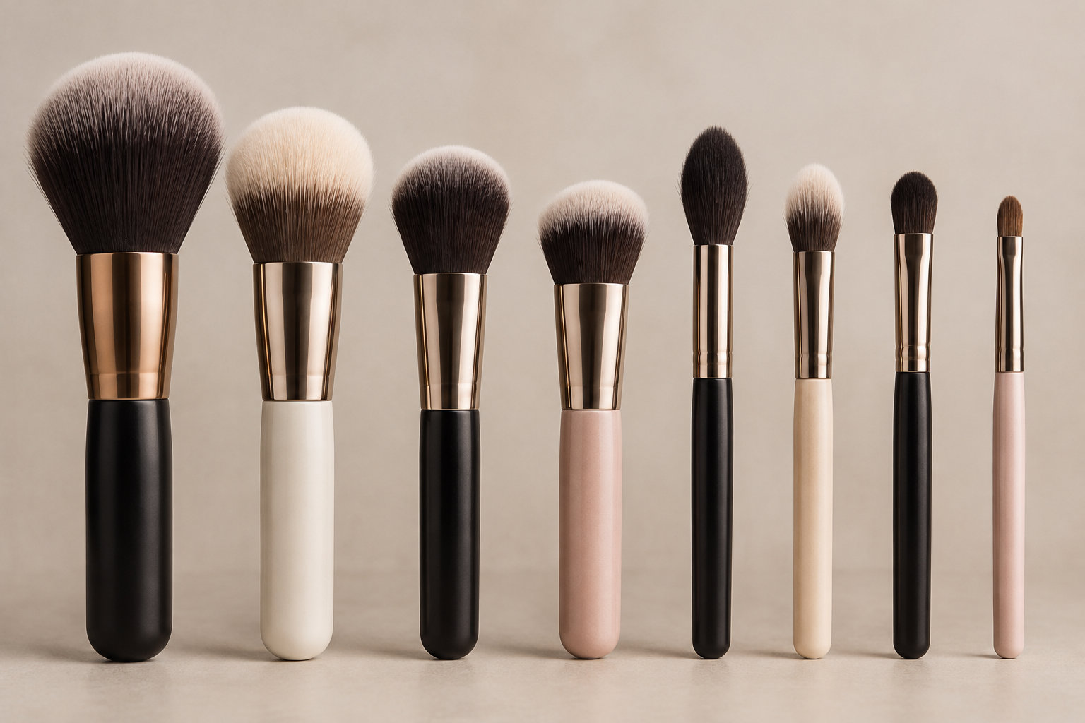 Huit pinceaux de maquillage de tailles et de formes variées sont alignés sur un fond beige.