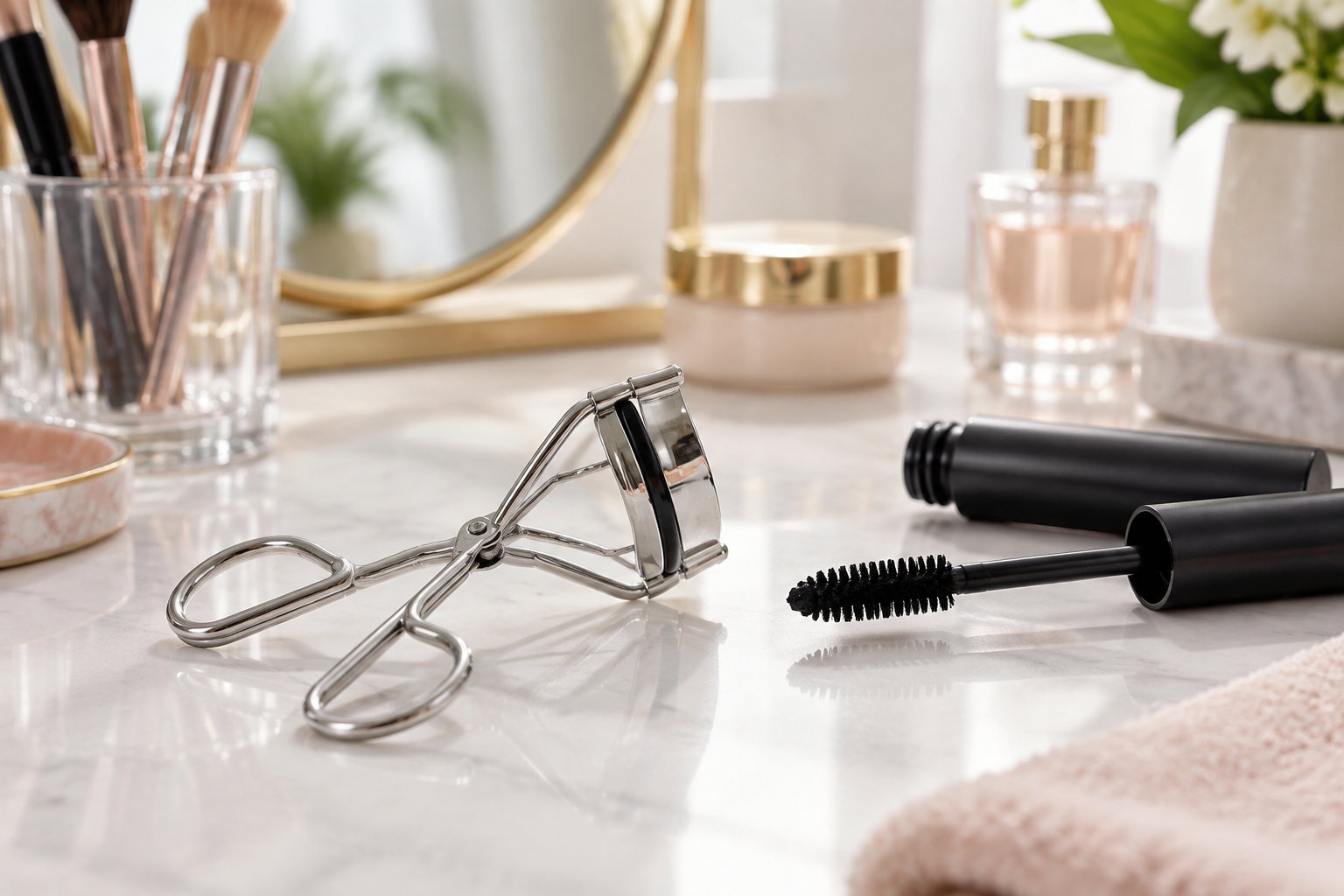 Un recourbe-cils métallique et un mascara noir ouvert sont posés sur une coiffeuse, près de pinceaux, de pots et d’un flacon.
