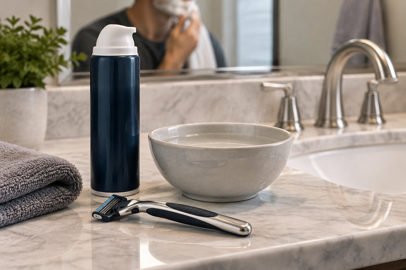 Un rasoir, une bombe de mousse à raser, un bol d’eau et une serviette sont posés sur un comptoir de salle de bains, tandis qu’une personne se rase devant le miroir.