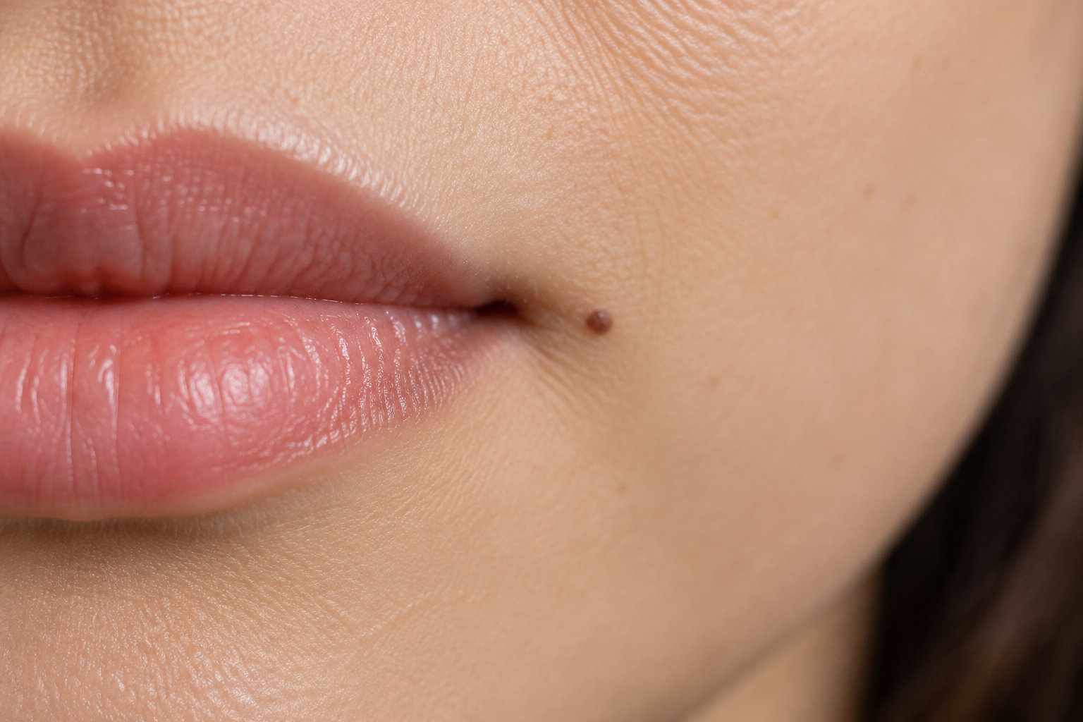 Gros plan sur des lèvres et un petit grain de beauté près de la bouche.