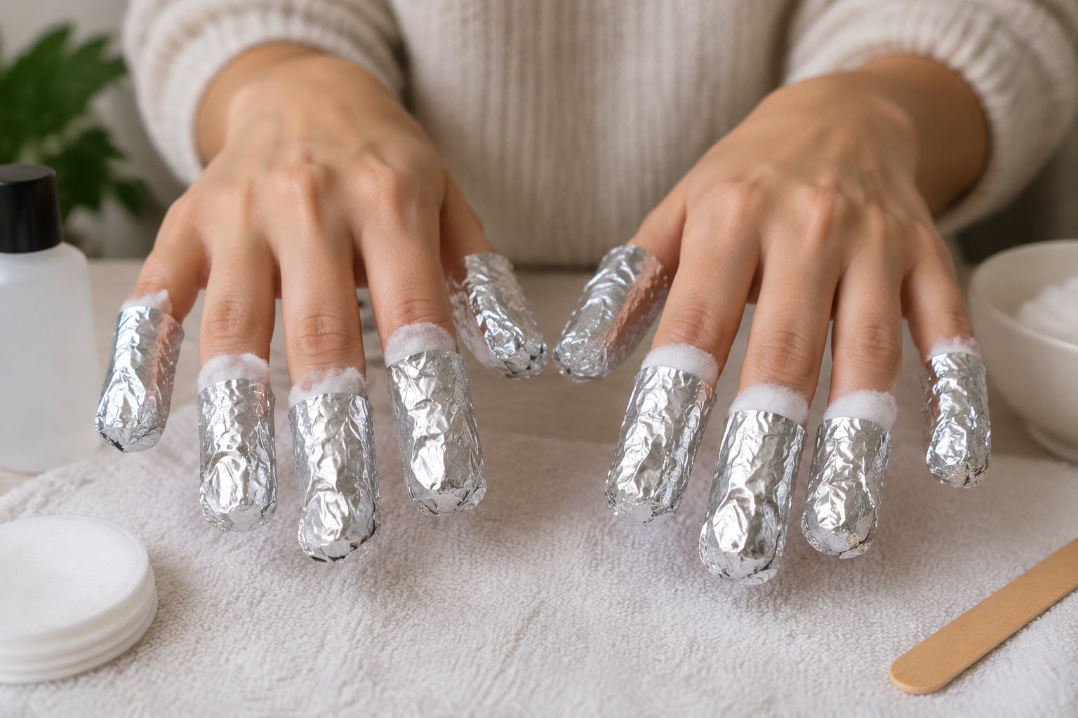 Deux mains posées au-dessus d’une serviette, avec des morceaux de coton et des papillotes de papier aluminium enroulés autour des doigts ; des disques de coton, un flacon et un bâtonnet en bois sont disposés à proximité.