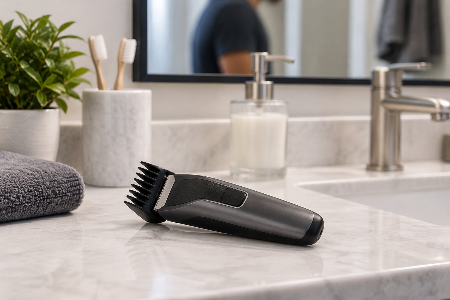 Une tondeuse électrique noire est posée sur un comptoir de salle de bains, près d’une serviette, de brosses à dents, d’un distributeur de savon et d’un robinet.