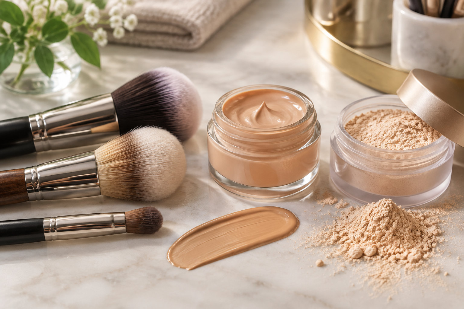 Des pinceaux de maquillage, un pot de fond de teint crème ouvert et une poudre libre sont disposés sur une surface claire, avec une trace de fond de teint.