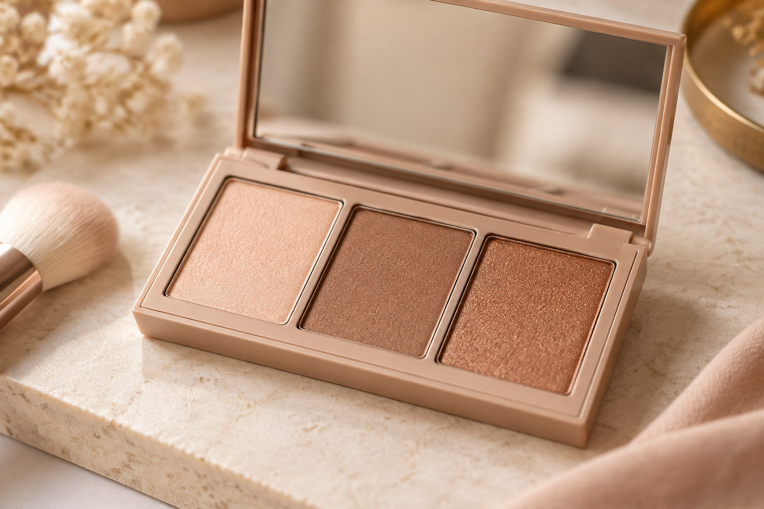 Une palette de maquillage ouverte contenant trois poudres aux tons beige et bruns est posée près d’un pinceau sur une surface en pierre claire.
