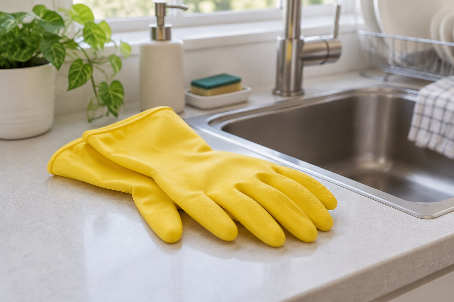 Une paire de gants jaunes est posée sur un comptoir près d’un évier en inox, avec une plante en pot et une éponge à l’arrière-plan.