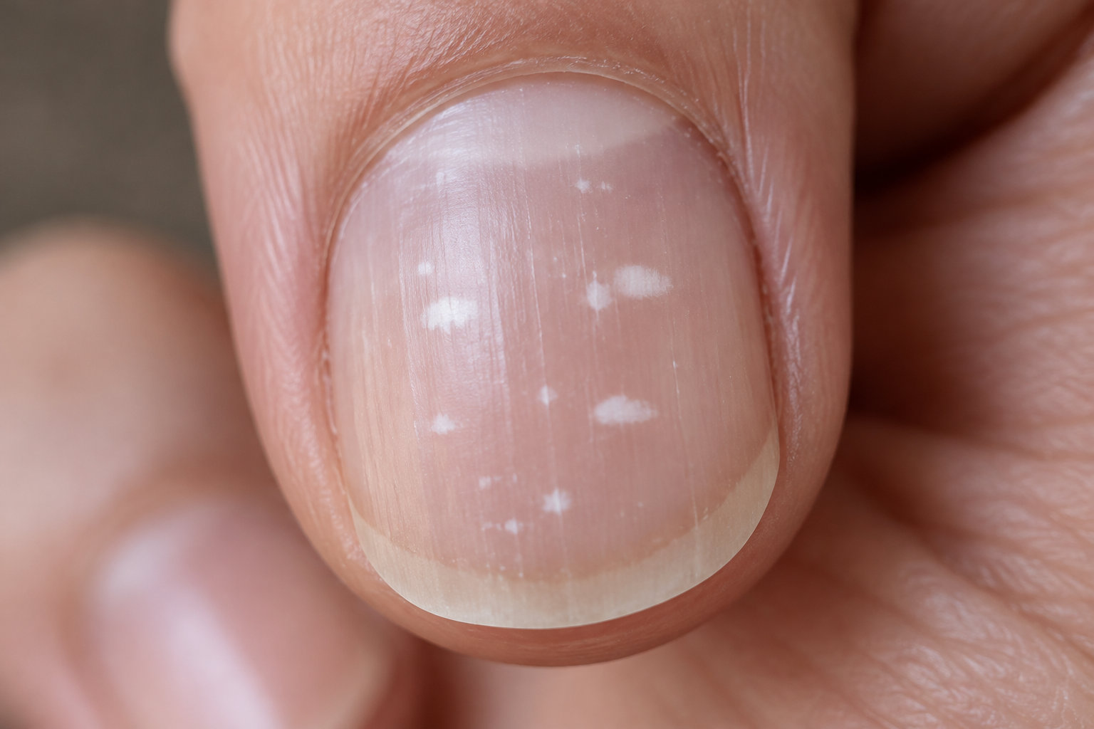 Gros plan sur un ongle présentant plusieurs petites taches blanches.