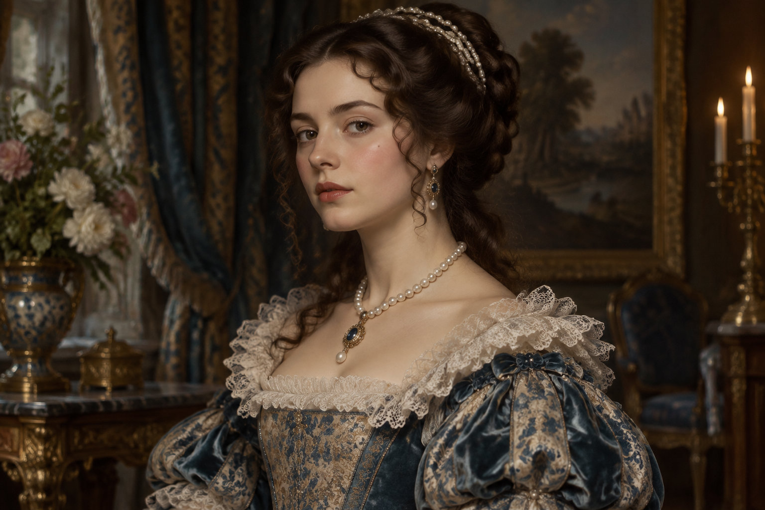Une femme portant une robe d’époque en dentelle et des bijoux pose dans un salon richement décoré, près de chandelles allumées.