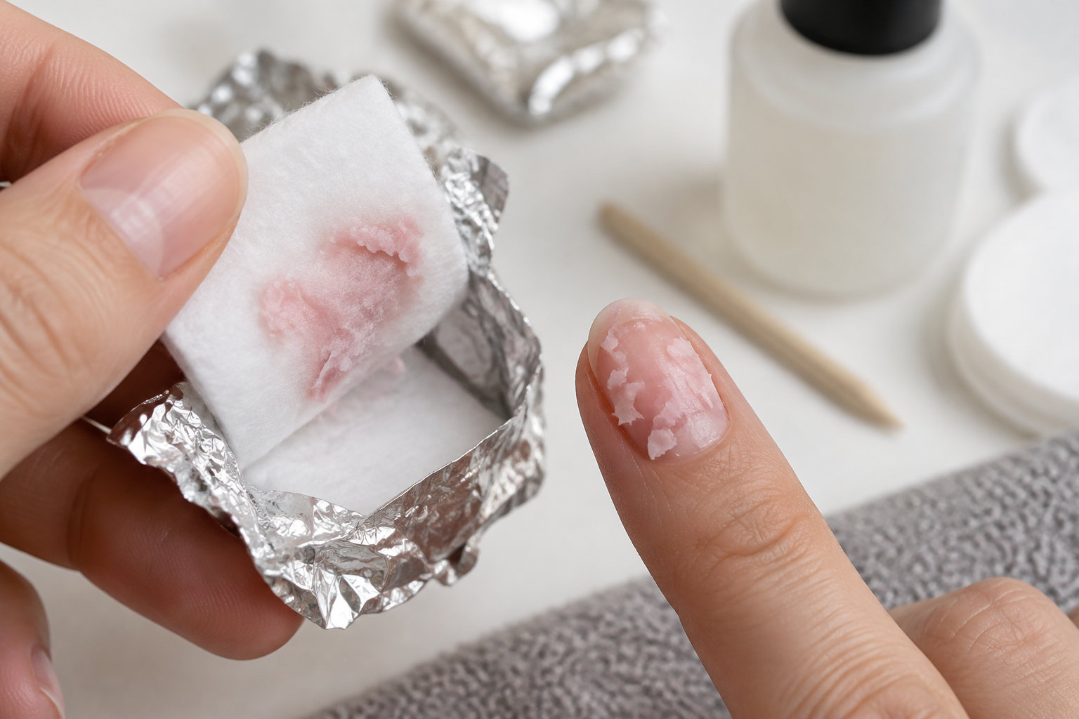 Une personne retire du vernis rose écaillé de son ongle avec un coton posé dans du papier aluminium.