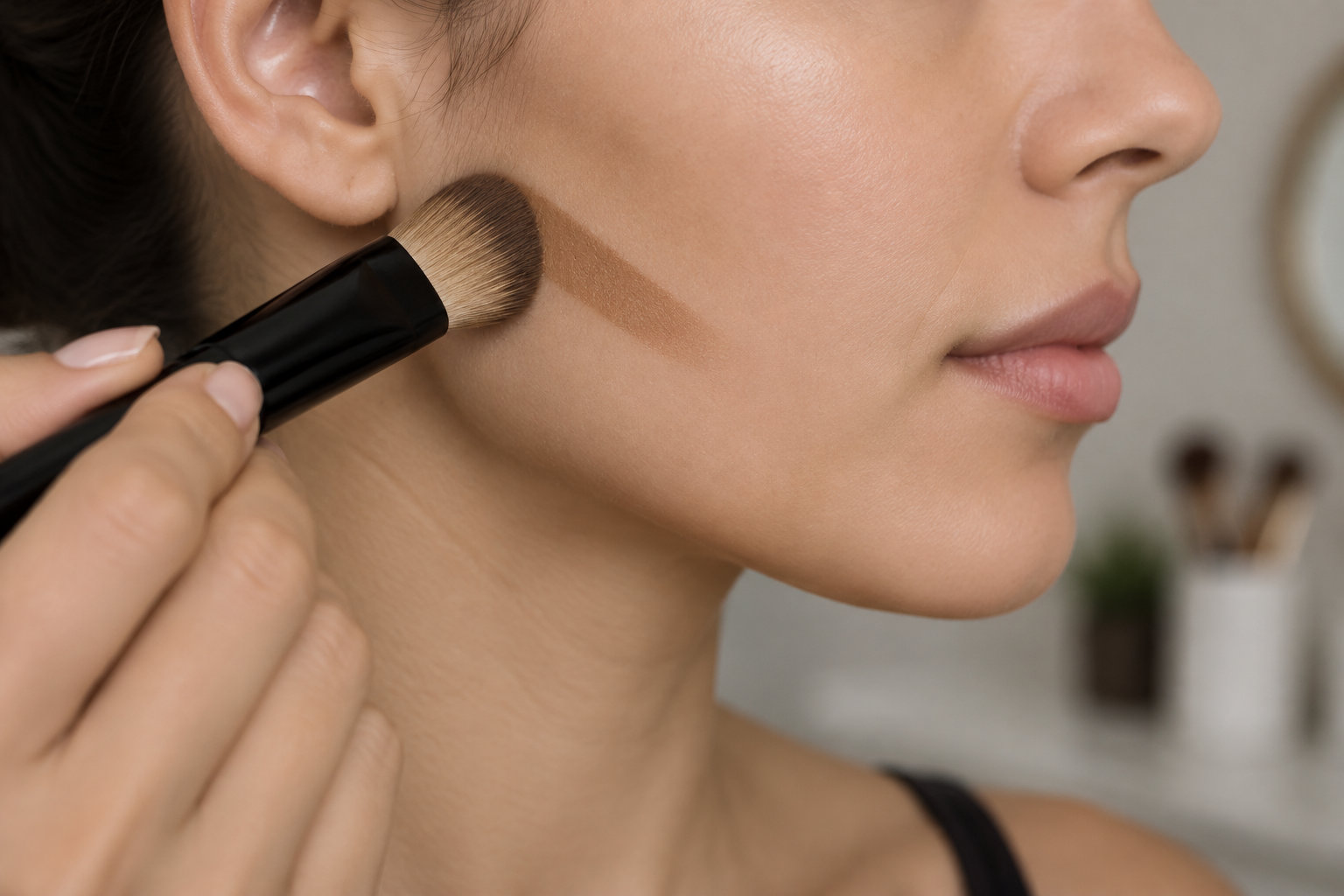Une personne applique du maquillage sur sa joue avec un pinceau.