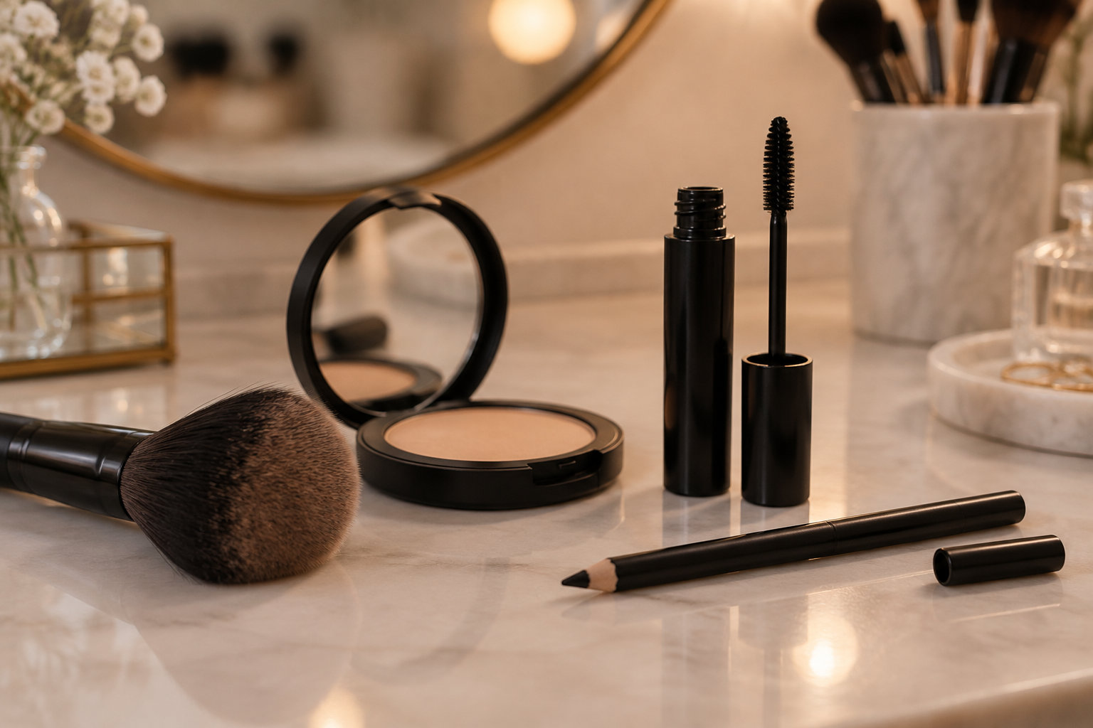 Des produits de maquillage noirs, un poudrier ouvert, un tube de mascara avec sa brosse et des crayons sont disposés sur un comptoir près d’un miroir et de pinceaux.