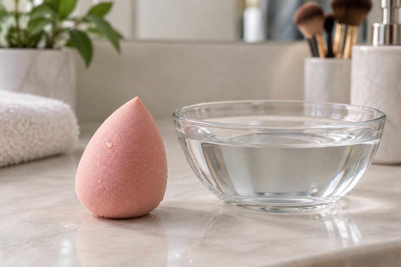 Une éponge de maquillage rose est posée à côté d’un bol en verre rempli d’eau, sur un plan de travail clair.