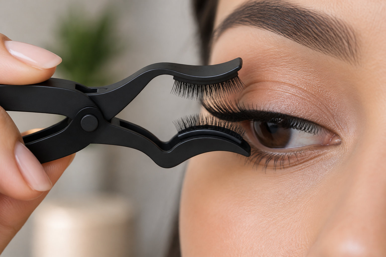 Gros plan sur une personne qui applique des faux cils à l’aide d’une pince noire courbée.