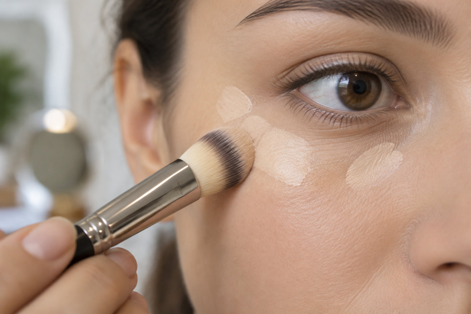 Gros plan sur une femme appliquant du maquillage sur sa joue avec un pinceau.
