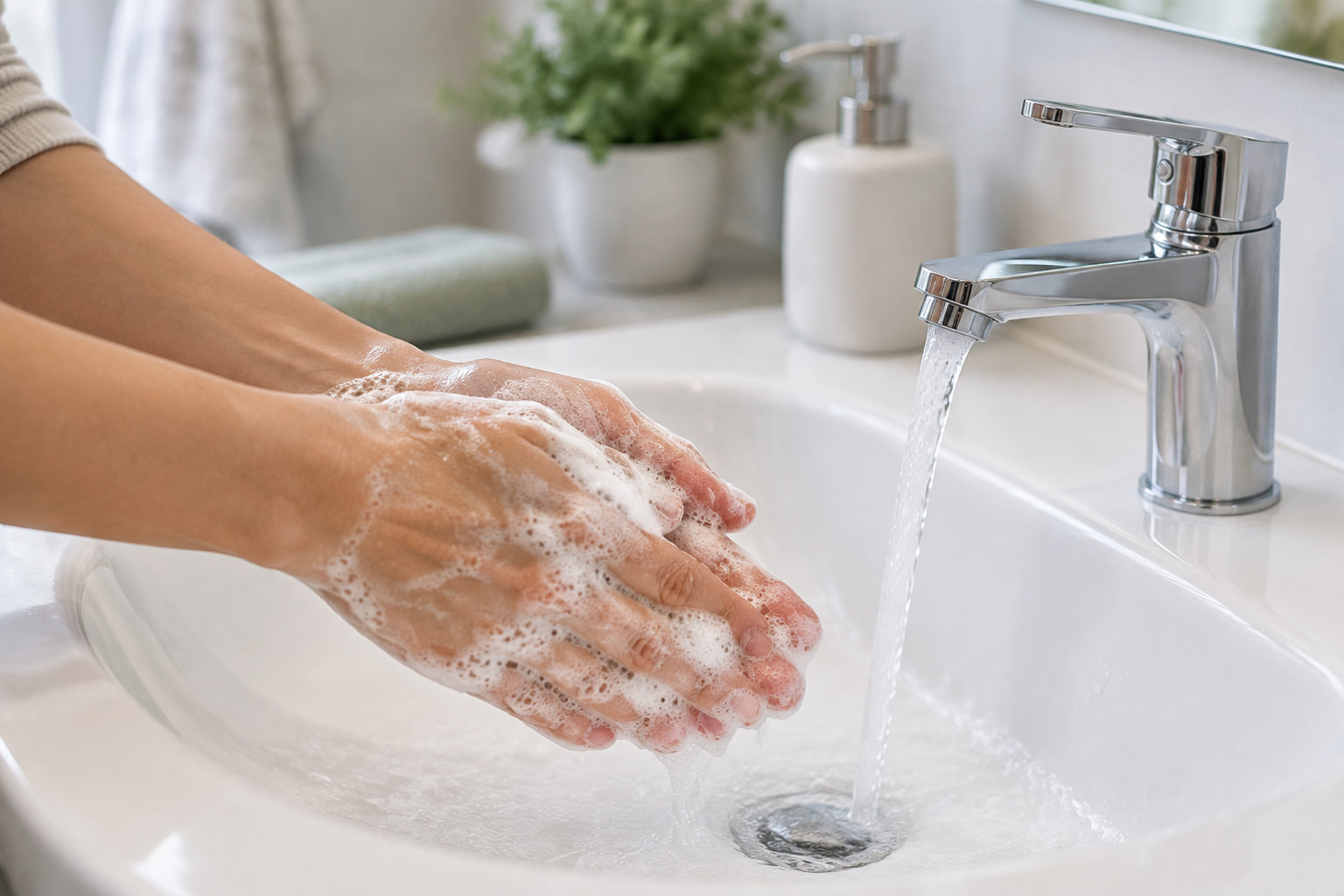 Deux mains couvertes de savon se frottent au-dessus d’un lavabo, près d’un robinet qui coule.