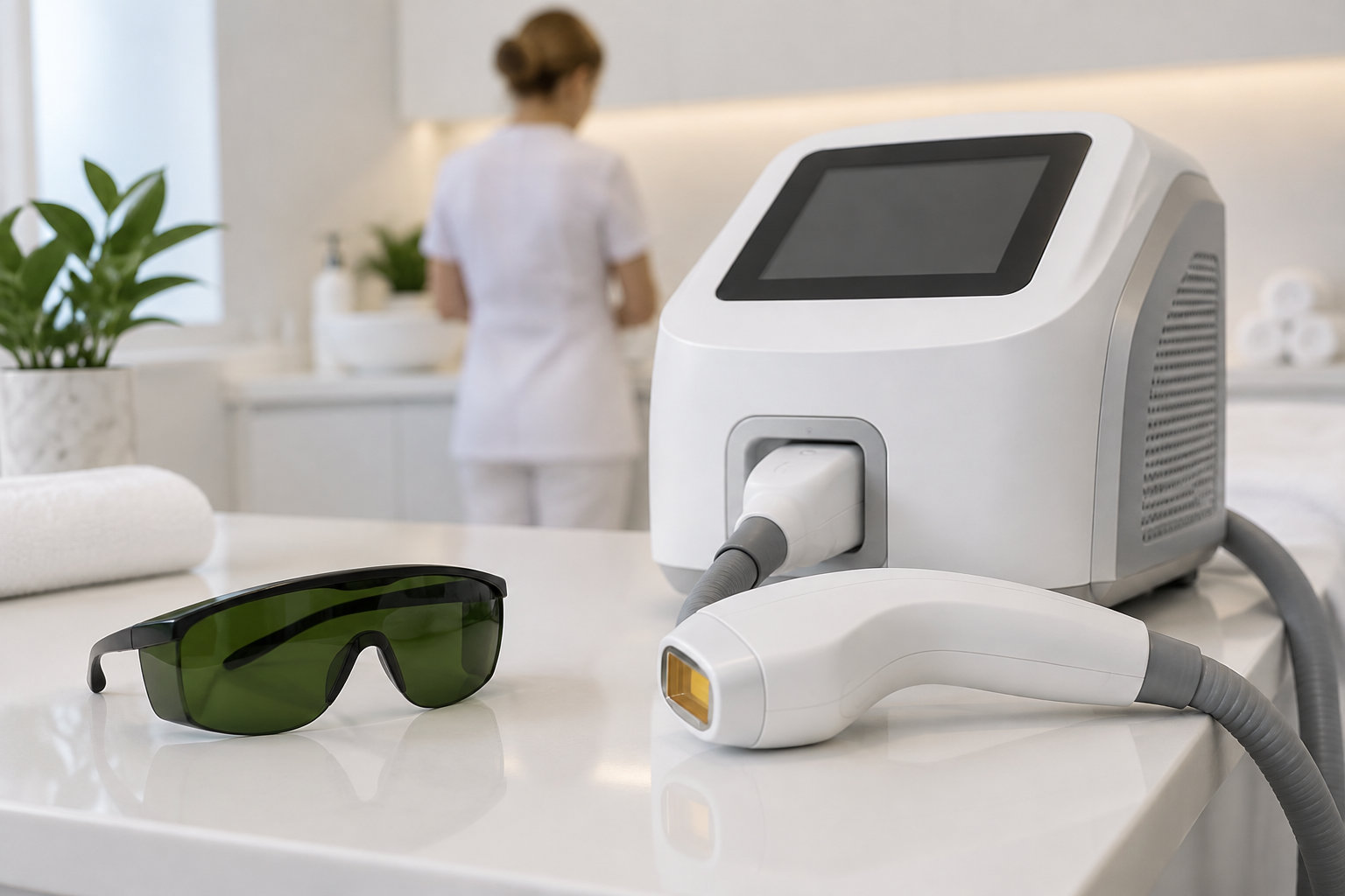 Un appareil esthétique blanc avec écran, câble et embout repose sur un comptoir, à côté de lunettes de protection vertes, tandis qu’une personne en tenue blanche se tient à l’arrière-plan.