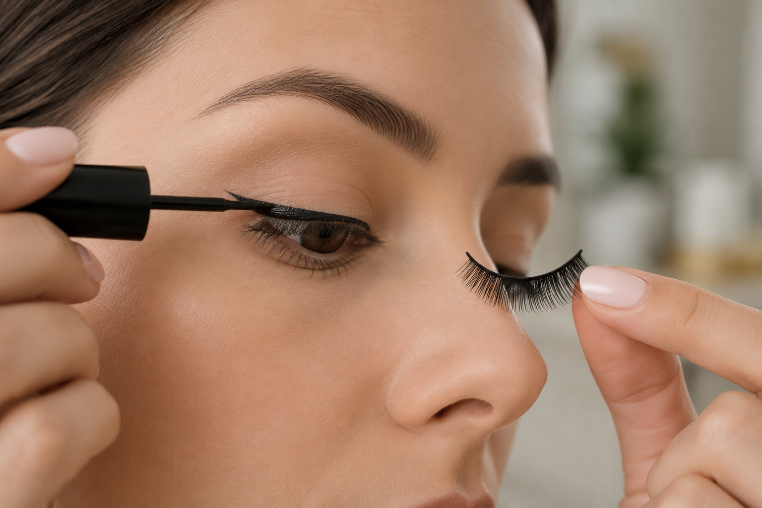Gros plan d’une femme appliquant de l’eye-liner sur sa paupière tout en tenant une paire de faux cils.
