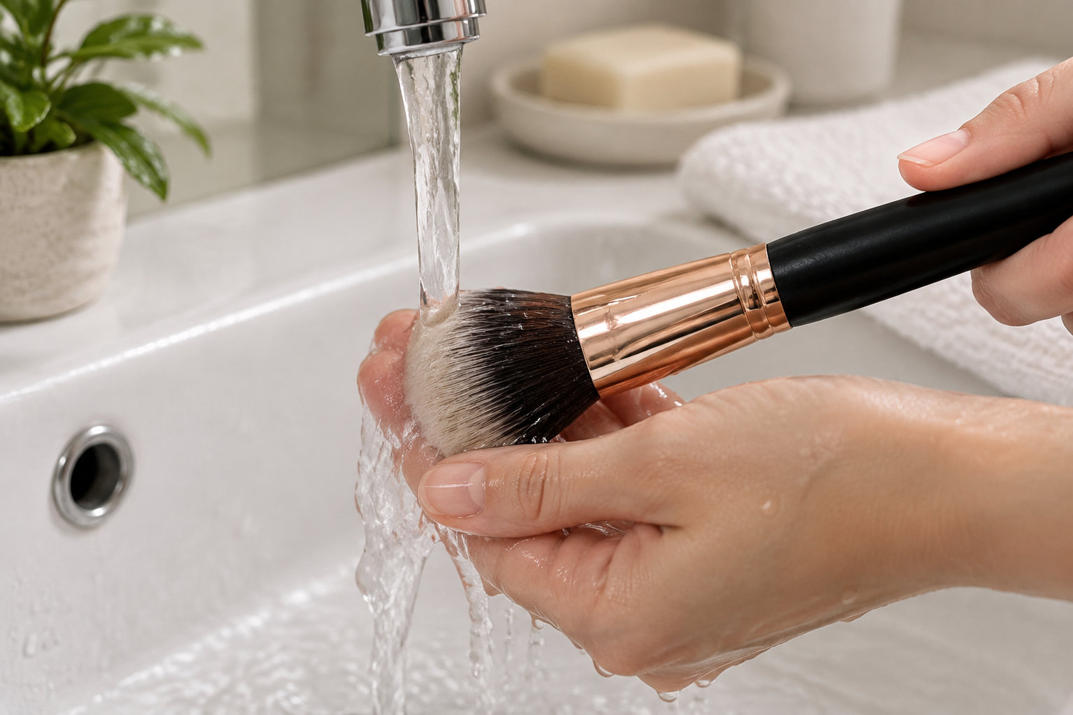 Des mains rincent un pinceau de maquillage sous un robinet ouvert, au-dessus d’un lavabo blanc.