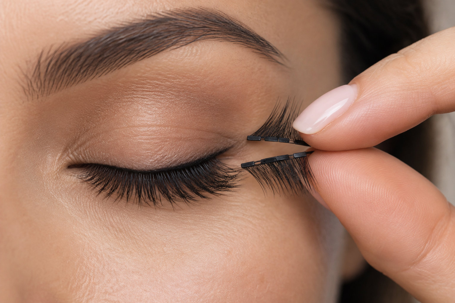 Gros plan sur une personne aux yeux fermés qui applique une frange de faux cils sur sa paupière avec les doigts.