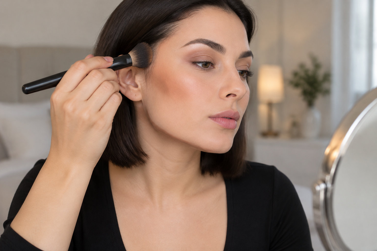 Une femme en haut noir applique du maquillage sur sa tempe avec un pinceau devant un miroir.
